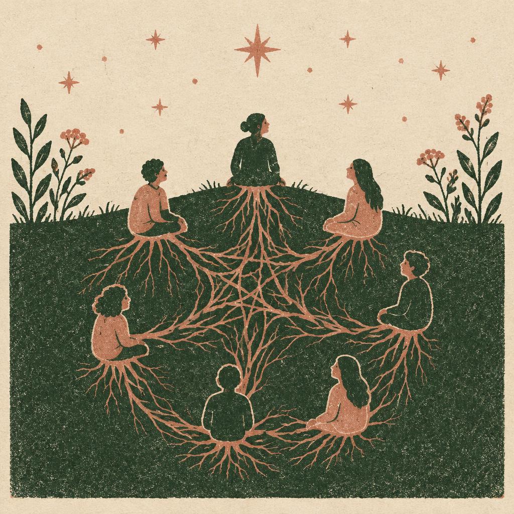 Illustration d'un cercle de personnes reliées par des racines