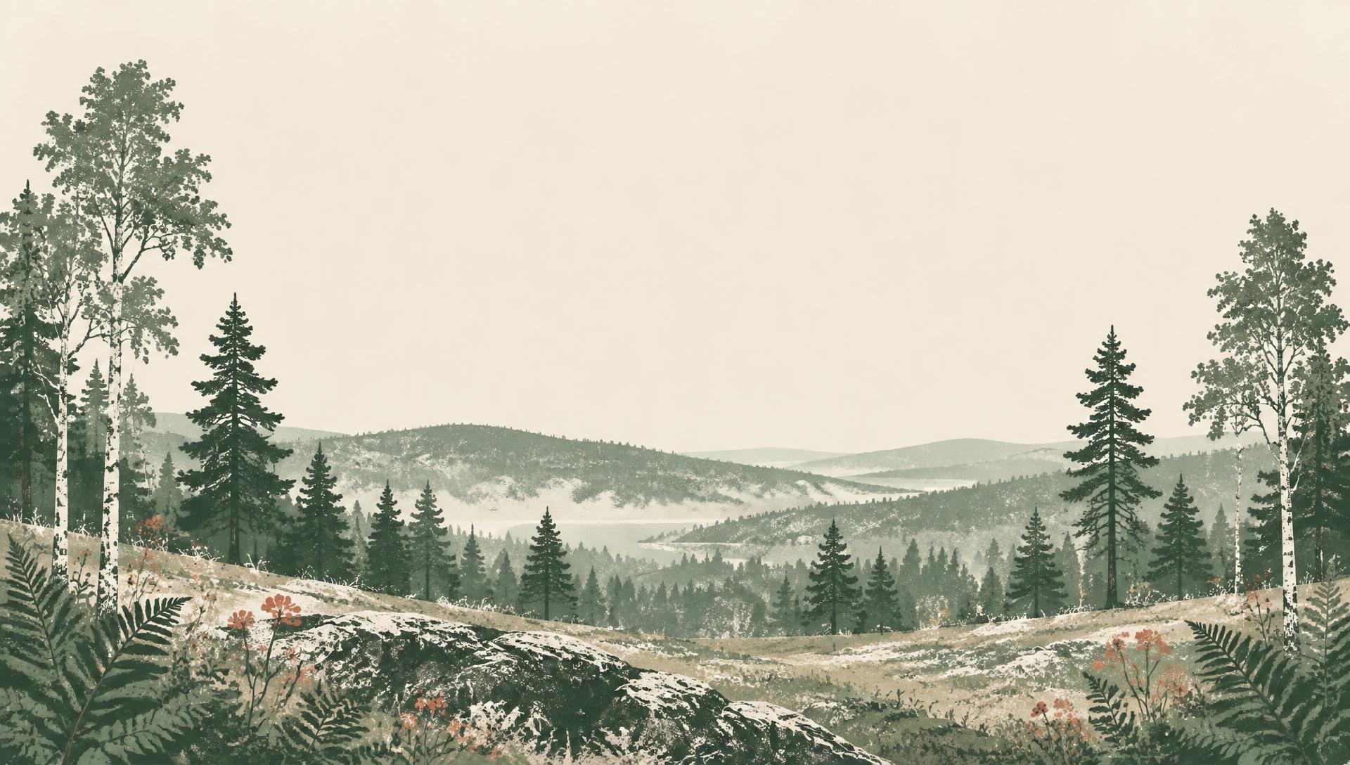 Paysage de forêt gravé, collines boisées dans une lumière douce du matin